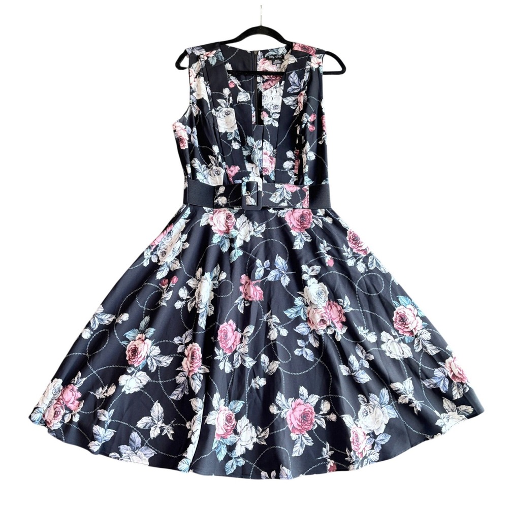 City Chic Womens 14 Black Floral Chain Print Fit Flare Belted Midi Dress